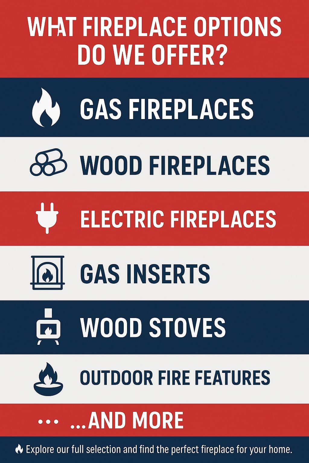 original infographic with a bold, modern design featuring alternating red, navy blue, and light gray background stripes, each containing white or dark blue text with corresponding icons. The header at the top reads “WHAT FIREPLACE OPTIONS DO WE OFFER?” in large white capital letters on a red background. Below, the options are listed with matching icons: a flame icon with “GAS FIREPLACES” on navy, stacked logs with “WOOD FIREPLACES” on light gray, a plug icon with “ELECTRIC FIREPLACES” on red, a fireplace insert icon with “GAS INSERTS” on light gray, a wood stove icon with “WOOD STOVES” on navy, a fire bowl icon with “OUTDOOR FIRE FEATURES” on light gray, and at the bottom “...AND MORE” in bold red text on a red background. The footer has a small flame icon and the message “Explore our full selection and find the perfect fireplace for your home.” on a navy strip.