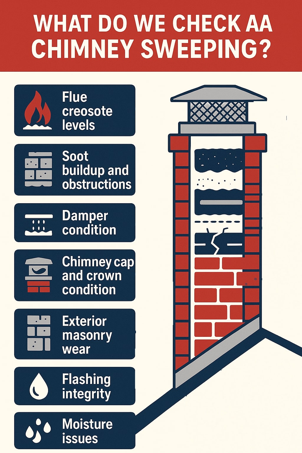 original infographic showing a red, navy, and cream-colored chimney-sweeping checklist with bold red header text reading “WHAT DO WE CHECK AA CHIMNEY SWEEPING?” and a tall illustrated chimney on the right made of red bricks with interior layers depicting creosote, soot, cracks, and moisture; on the left are seven navy boxes each with white text and simple icons describing inspection points including flue creosote levels with a flame icon, soot buildup and obstructions with a block icon, damper condition with a vent-style icon, chimney cap and crown condition with a cap icon, exterior masonry wear with a brick icon, flashing integrity with a droplet icon, and moisture issues with three water-drop symbols, all arranged vertically with consistent flat-design graphics.